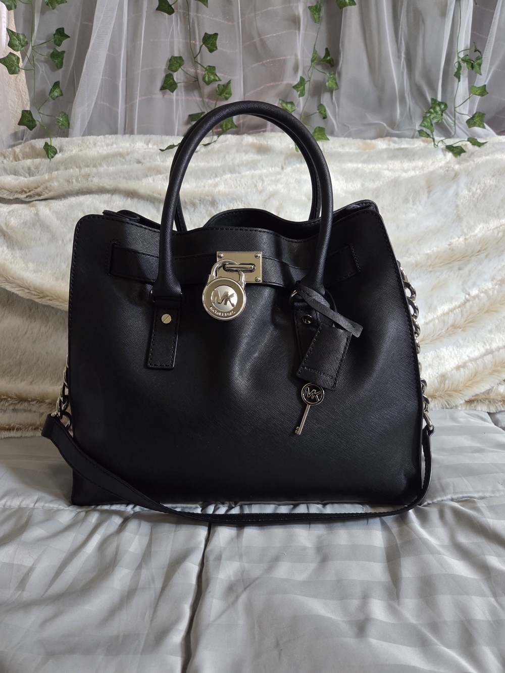 Michael Kors Black Leather Satchel with Gold-Tone Lock and Charm
